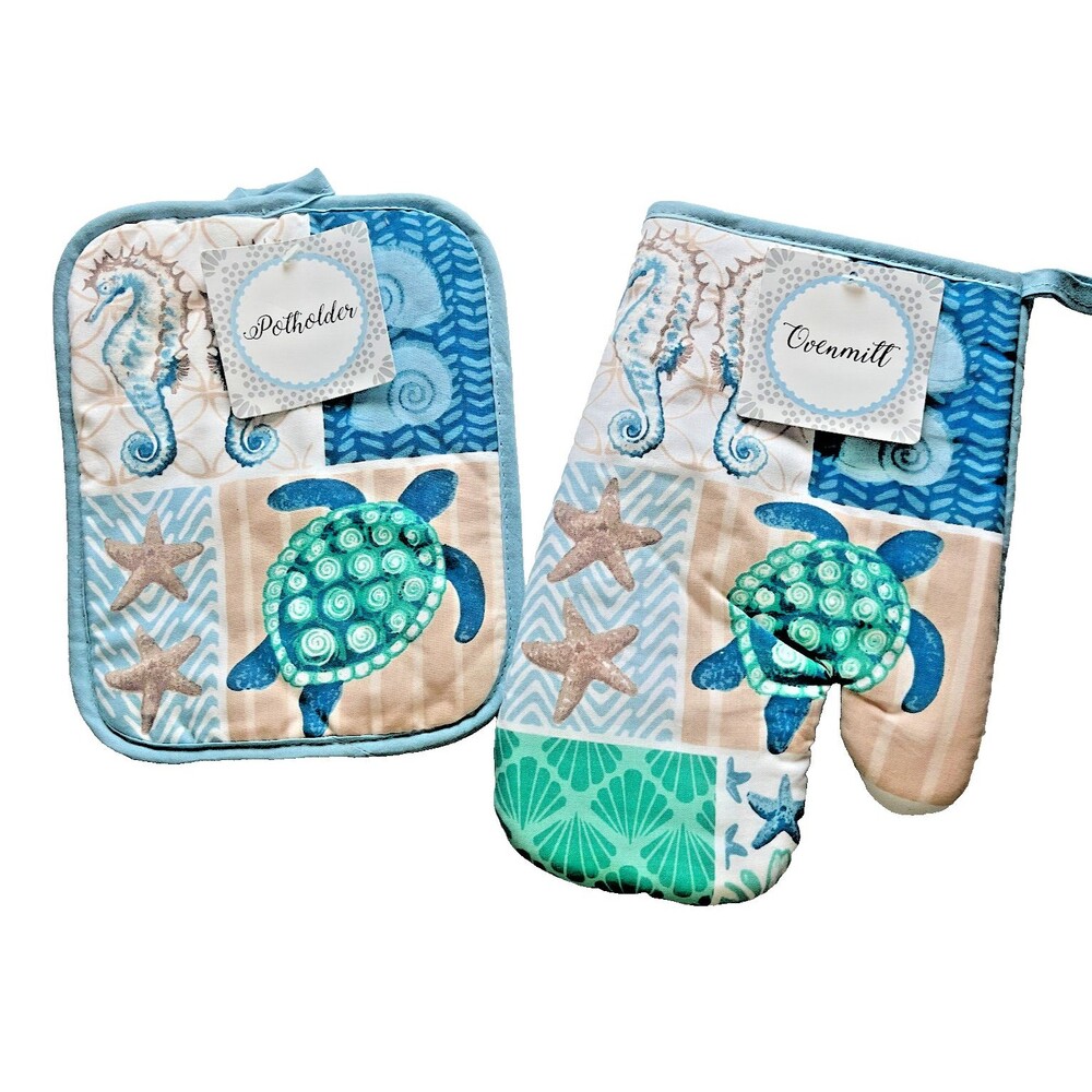Nantucket Nautical Oven Mitt Potholder Sea Turtle Seahorse Starfish Set of 2